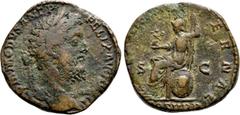 Roman Imperial Coins COMMODUS (177-192). Sestertius. Rome. Obv: M COMMODVS ANT P FELIX AVG BRIT. Laureate head right. Rev: ROMAE AETERNAE / COS V P P / S - C. Roma seated left, holding Victory and spe