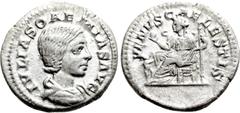 Roman Imperial Coins JULIA SOEMIAS (Augusta, 218-222). Denarius. Rome. Obv: IVLIA SOAEMIAS AVG. Draped bust right. Rev: VENVS CAELESTIS. Venus seated left, holding apple and sceptre; at left, child re