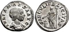 Roman Imperial Coins JULIA MAESA (Augusta, 218-224/5). Denarius. Rome. Obv: IVLIA MAESA AVG. Draped bust right. Rev: SAECVLI FELICITAS. Felicitas standing left, holding caduceus and patera over lighte