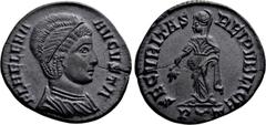 Roman Imperial Coins HELENA (Augusta, 324-328/30). Follis. Ticinum. Obv: FL HELENA AVGVSTA. Diademed and draped bust right. Rev: SECVRITAS REIPVBLICE / P (crescent) T. Securitas standing left, holding