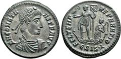 Roman Imperial Coins CONSTANS (337-350). Follis. Siscia. Obv: D N CONSTANS P F AVG. Diademed, draped and cuirassed bust right. Rev: FEL TEMP REPARATIO / Є SIS• (symbol). Constans standing left in gall