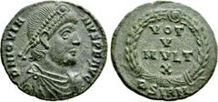 Roman Imperial Coins JOVIAN (363-364). Ae. Sirmium. Obv: D N IOVIANVS P F AVG. Diademed, draped and cuirassed bust right. Rev: VOT / V / MVLT / X / BSIRM. Legend in four lines within wreath. RIC 118. 
