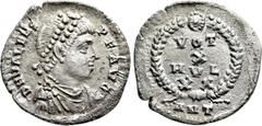 Roman Imperial Coins VALENS (364-378). Siliqua. Antioch. Obv: D N VALENS P F AVG. Diademed, draped and cuirassed bust right. Rev: VOT / X / MVL / XX / ANT. Legend in four lines within wreath. RIC 33c.