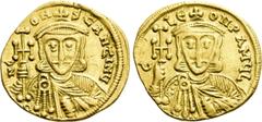 Byzantine Coins CONSTANTINE V COPRONYMUS with LEO III (741-775). GOLD Solidus. Constantinople. Obv: b N CONSTANTINЧ. Crowned and draped facing bust of Constantine, holding cross potent and akakia. Rev
