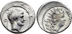 Roman Republican Coins MARK ANTONY. Denarius (42 BC). Military mint traveling with Antony in Italy. Obv: Bare head of Antony right; lituus to left. Rev: M ANTONIVS III VIR R P C. Radiate head of Sol r