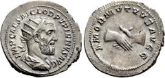 Roman Imperial Coins PUPIENUS (238). Antoninianus. Rome. Obv: IMP CAES M CLOD PVPIENVS AVG. Radiate, draped and cuirassed bust right. Rev: AMOR MVTVVS AVGG. Clasped hands. RIC 9a. Condition: Extremely