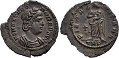 Roman Imperial Coins THEODORA (died before 337). Ae. Treveri. Obv: FL MAX THEODORAE AVG. Laureate and draped bust right. Rev: PIETAS ROMANA / TRP. Pietas standing right, holding infant; cross to left.