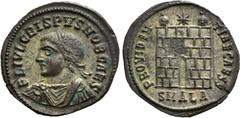Roman Imperial Coins CRISPUS (Caesar, 316-326). Follis. Alexandria. Obv: FL IVL CRISPVS NOB CAES. Laureate, draped and cuirassed bust left. Rev: PROVIDENTIAE CAESS / SMALA. Camp gate, with two turrets