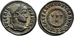Roman Imperial Coins CRISPUS (Caesar, 316-326). Follis. Siscia. Obv: IVL CRISPVS NOB C. Laureate head right. Rev: CAESARVM NOSTRORVM / ΔSIS (sun). VOT / X in two lines within wreath. RIC 181. Conditio