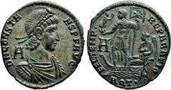 Roman Imperial Coins CONSTANS (337-350). Ae. Aquileia. Obv: D N CONSTANS P F AVG. Diademed, draped and cuirassed bust right; A behind. Rev: FEL TEMP REPARATIO / A / AQ T•. Constans standing left in ga