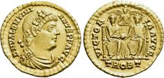 Roman Imperial Coins VALENTINIAN I (364-375). GOLD Solidus. Treveri. Obv: D N VALENTINIANVS P F AVG. Diademed, draped and cuirassed bust right. Rev: VICTORIA AVGG / TROBT. Valentinian and Valens seate