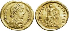 Roman Imperial Coins THEODOSIUS I (379-395). GOLD Solidus. Constantinople. Obv: D N THEODOSIVS P F AVG. Diademed, draped and cuirassed bust right. Rev: CONCORDIA AVGGG A / CONOB. Constantinopolis seat