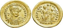 Roman Imperial Coins THEODOSIUS II (402-450). GOLD Solidus. Constantinople. Obv: D N THEODOSIVS P F AVG. Helmeted and cuirassed bust facing slightly right, holding spear and shield decorated with hors