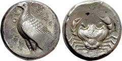 Greek Coins SICILY. Akragas. Tetradrachm (Circa 465/0–445/0 BC). Obv: AKPAΓANTOΣ. Eagle standing left. Rev: Crab. Westermark 300; HGC 2, 77. Condition: Very fine. Weight: 17.11 g. Diameter: 25 mm.