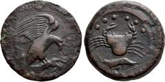 Greek Coins SICILY. Akragas. Ae Hemilitron (Circa 425-406 BC). Obv: AKPA. Eagle standing right on dead hare, wings spread. Rev: Crab; below, crawfish left; six pellets (mark of value) above. Westermar