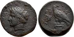Greek Coins SICILY. Akragas. Ae Hemilitron (Circa 400-380 BC). Obv: AKPAΓAΣ. Horned head of young river god Akragas left, wearing tainia. Rev: Eagle standing left on Ionic capital, head right; crab to
