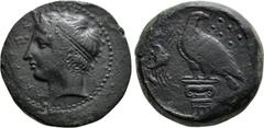 Greek Coins SICILY. Akragas. Ae Hemilitron (Circa 400-380 BC). Obv: AKPAΓAΣ. Horned head of young river god Akragas left, wearing tainia. Rev: Eagle standing left on Ionic capital, head right; crab to