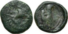 Greek Coins SICILY. Akragas. Ae Onkia (Circa 400-380 BC). Obv: Crab; monogram below. Rev: Head of eagle right. CNS 87; HGC 2, 153. Rare Condition: Near very fine. Weight: 1.98 g. Diameter: 13 mm.