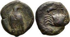 Greek Coins SICILY. Akragas. AE Onkia (Circa 338-317/287 BC). Obv: Eagle standing left, head right. Rev: Crab. CNS 113; HGC 2, 152. Condition: Very fine. Weight: 2.25 g. Diameter: 13 mm.