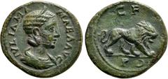 Roman Provincial Coins THRACE. Deultum. Julia Mamaea (222-235). Ae. Obv: IVLIA MAMAEA AVG. Diademed and draped bust right. Rev: C F P D. Lion advancing right. RPC VI online 788; Varbanov 2382. Conditi