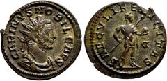 Roman Imperial Coins CARINUS (283-285). Antoninianus. Lugdunum. Obv: CARINVS NOBIL CAES. Radiate, draped and cuirassed bust right. Rev: SAECVLI FELICITAS / D (retrograde). Emperor standing right, hold