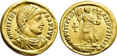 Roman Imperial Coins VALENS (364-378). GOLD Solidus. Antioch. Obv: D N VALENS PER F AVG. Diademed, draped and cuirassed bust right. Rev: RESTITVTOR REIPVBLICAE / (star)ANTΓ(star) . Valentinian standin