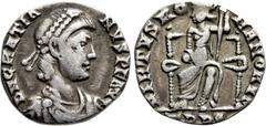 Roman Imperial Coins GRATIAN (367-383). Siliqua. Treveri. Obv: D N GRATIANVS P F AVG. Diademed, draped and cuirassed bust right. Rev: VIRTVS ROMANORVM / TRPS. Roma seated facing on throne, head left, 