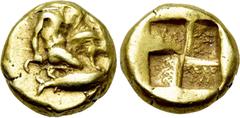 Greek Coins MYSIA. Kyzikos. EL Hemihekte (5th-4th centuries BC). Obv: Perseus kneeling right, head left, holding harpa and severed head of the Medusa; below, tunny right. Rev: Quadripartite incuse squ