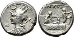 Roman Republican Coins P. NERVA. Denarius (113-112 BC). Rome. Obv: ROMA. Helmeted bust of Roma left, holding spear and shield decorated with horseman; crescent above, star to left. Rev: NERVA. Three c