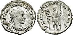 Roman Imperial Coins HOSTILIAN (Caesar, 250-251). Antoninianus. Rome. Obv: C VALENS HOSTIL MES QVINTVS N C. Radiate and draped bust right. Rev: PRINCIPI IVVENTVTIS. Emperor standing facing, head left,