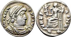 Roman Imperial Coins VALENS (364-378). Siliqua. Rome. Obv: D N VALENS P F AVG. Diademed, draped and cuirassed bust right. Rev: VRBS ROMA / R Q. Roma seated left on throne, holding victoriola and scept