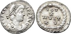 Roman Imperial Coins VALENS (364-378). Siliqua. Treveri. Obv: D N VALENS P F AVG. Diademed, draped and cuirassed bust right. Rev: VOT X MVLT XV / TRPS•. Legend in four lines within wreath. RIC 44a.1. 