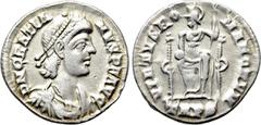 Roman Imperial Coins GRATIAN (367-383). Siliqua. Treveri. Obv: D N GRATIANVS P F AVG. Diademed, draped and cuirassed bust right. Rev: VIRTVS ROMANORVM / TRPS. Roma seated facing on throne, head left, 