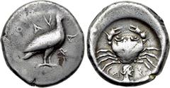 Greek Coins SICILY. Akragas. Didrachm (Circa 480/78-470 BC). Obv: AK / RA. Sea eagle standing right. Rev: CAΣ. Crab; below, head of nymph right; all within incuse circle. Westermark 259; HGC 2, 97. Co