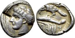 Greek Coins PAPHLAGONIA. Sinope. Drachm (Circa 350-330 BC). Obv: Head of nymph left, hair in sakkos. Rev: Sea-eagle standing left, with wings spread, on dolphin left; Aramaic legend (BGPDN) below. SNG