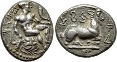 Greek Coins CYPRUS. Salamis. Evagoras I (Circa 411-374 BC). 1/3 Stater - Tetrobol. Obv: Herakles seated right on rocks, holding club and cornucopia; Cypriot legend around. Rev: Goat kneeling right; Cy