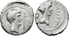 Roman Republican Coins MARK ANTONY and JULIUS CAESAR. Denarius (43 BC). Mint traveling with Antony in Cisalpine Gaul. Obv: M ANTON IMP. Bare head of Marc Antony right; [lituus to left]. Rev: CAESAR DI