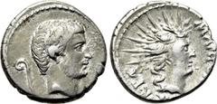 Roman Republican Coins MARK ANTONY. Denarius (42 BC). Military mint traveling with Antony in Italy. Obv: Bare head of Antony right; lituus to left. Rev: M ANTONIVS III VIR R P C. Radiate head of Sol r