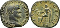 Roman Imperial Coins MAXIMINUS THRAX (235-238). Sestertius. Rome. Obv: MAXIMINVS PIVS AVG GERM. Laureate, draped and cuirassed bust right. Rev: SALVS AVGVSTI / S C. Salus seated left on throne, feedin