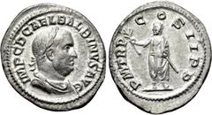 Roman Imperial Coins BALBINUS (238). Denarius. Rome. Obv: IMP C D CAEL BALBINVS AVG. Laureate, draped and cuirassed bust right. Rev: P M TR P COS II P P. Emperor standing left, holding branch and para