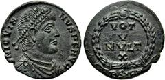 Roman Imperial Coins JOVIAN (363-364). Ae. Sirmium. Obv: D N IOVIANVS P F AVG. Diademed, draped and cuirassed bust right. Rev: VOT / V / MVLT / X / BSIRM. Legend in four lines within wreath. RIC 118. 