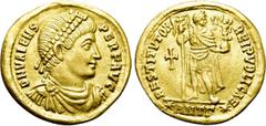 Roman Imperial Coins VALENS (364-378). GOLD Solidus. Antioch. Obv: D N VALENS PER F AVG. Diademed, draped and cuirassed bust right. Rev: RESTITVTOR REIPVBLICAE / (star)ANTΓ(star). Valentinian standing