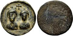 Roman Imperial Coins HONORIUS, with THEODOSIUS II ? (408-423). Ae Exagium Solidi Weight. Obv: Diademed and draped facing busts; cross above. Rev: Blank. Cf. Roma Numismatics E-44, lot 843. Condition: 