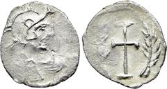 Byzantine Coins MAURICE TIBERIUS (582-602). Half Siliqua(?). Constantinople. Ceremonial coinage. Obv: Helmeted, draped and cuirassed bust right. Rev: Cross potent; palm frond to left and right. Cf. Se
