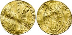 Medieval Coins CRUSADERS. Venetians in the Levant. GOLD Ducat. Imitating Andrea Dandolo (1343-1354). Chios(?). Obv: Blundered legend. St. Mark standing right, presenting staff with banner to Doge knee