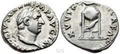 Roman Imperial Coins VITELLIUS (69). Denarius. Rome. Obv: A VITELLIVS GERM IMP AVG TR P. Laureate head right. Rev: XV VIR SACR FAC. Tripod surmounted by dolphin right; below, raven right. RIC² 109. Co