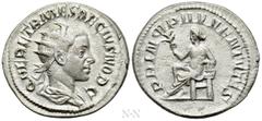 Roman Imperial Coins HERENNIUS ETRUSCUS (Caesar, 249-251). Antoninianus. Rome. Obv: Q HER ETR MES DECIVS NOB C. Radiate and draped bust right. Rev: PRINCIPI IVVENTVTIS. Apollo seated left on throne, h