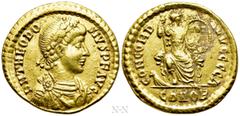 Roman Imperial Coins THEODOSIUS I (379-395). GOLD Solidus. Constantinople. Obv: D N THEODOSIVS P F AVG. Diademed, draped and cuirassed bust right. Rev: CONCORDIA AVGGGG Δ / CONOB. Constantinopolis sea
