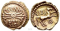 Celtic Coins CELTIC. Atrebates & Regni. Verica. GOLD 1/4 Stater (Circa AD 10-40). Calleva . Obv: COM / FILI. Thunderbolt. Rev: VIRI. Horse rearing right; pellet-in-annulet below. Van Arsdell 468-1 var