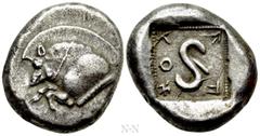 Greek Coins DYNASTS OF LYCIA. Uteves or Wete (Circa 480-440 BC). Stater. Obv: Forepart of boar left. Rev: Diskeles within dotted border within incuse square. Müseler III, 10-11; SNG Copenhagen Suppl. 